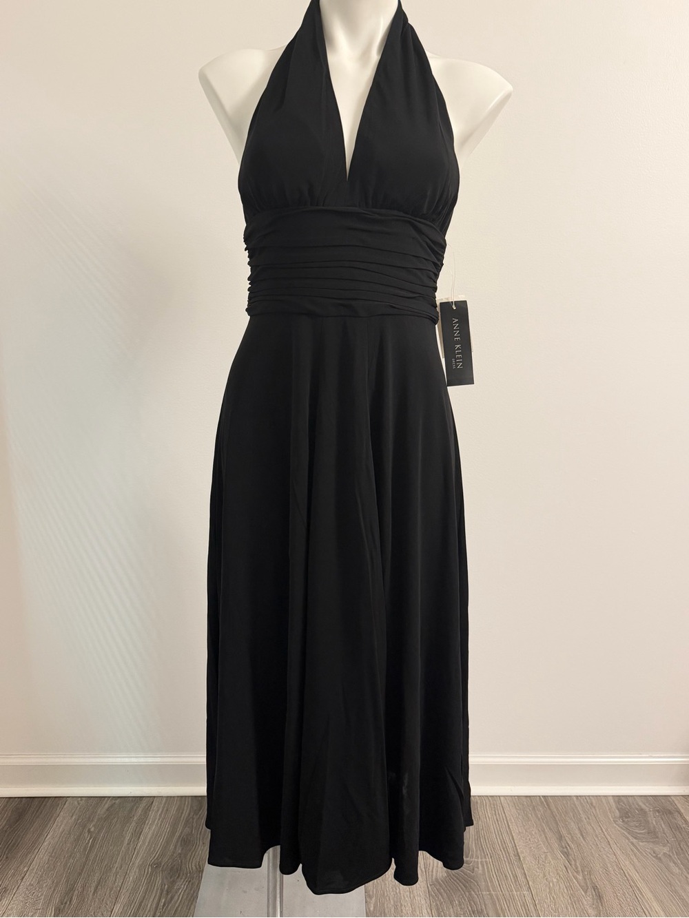 Anne Klein Black One-Shoulder Halter Midi Dress